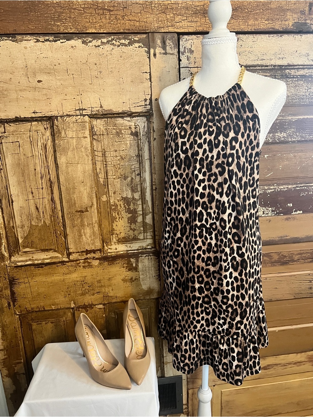 Michael Kors Leopard Mini Dress | Gold Chain Strap Swing Dress | L
